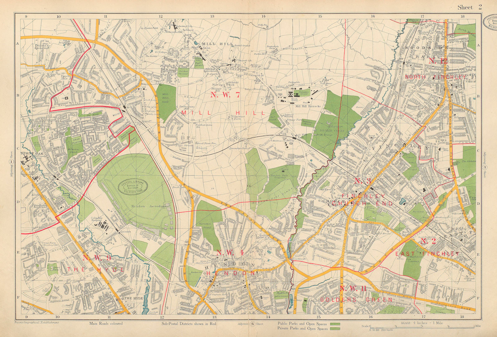 FINCHLEY/HENDON Mill Hill Golders Green Hyde Edgware Colindale. BACON 1934 map